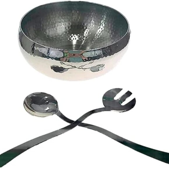 3pc Hammered Salad Bowl with 2 Serving Utensils / NEW - Picture 1 of 2